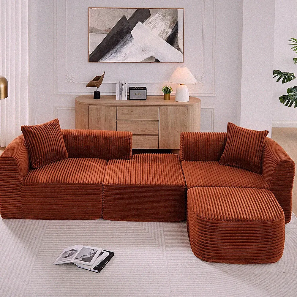 Orange Sectional Corduroy Couch