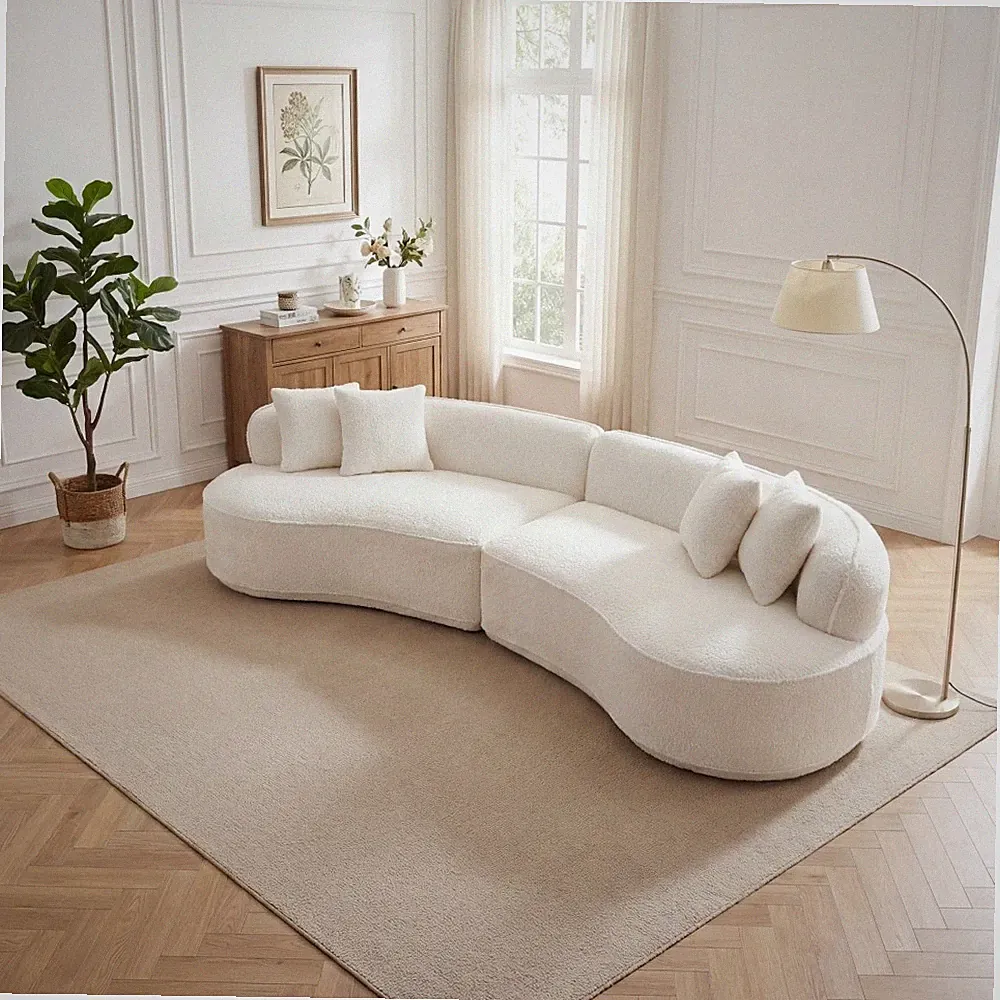 114'' L-Shape Sectional Sofa Curved Boucle Couch, Oversized Sleeper, No Assembly