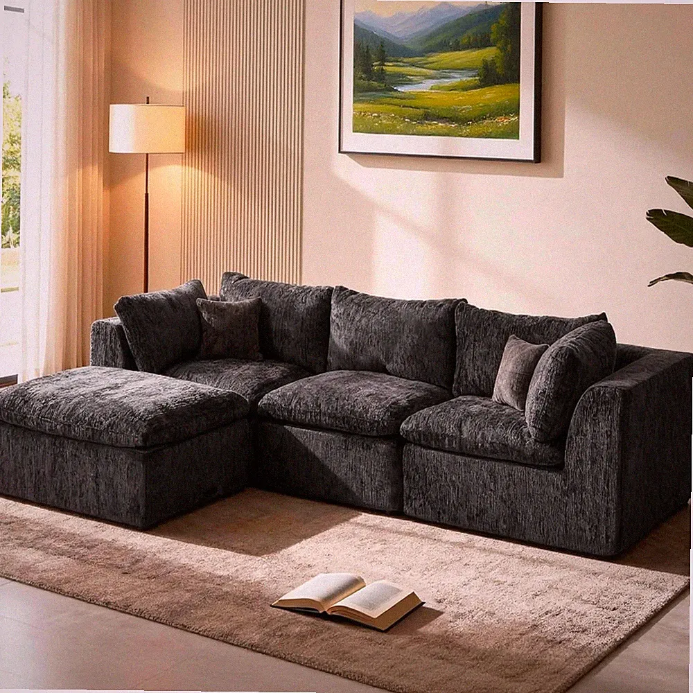 114” Modern Black Boneless Sectional Couches for Living Room Black Modular
