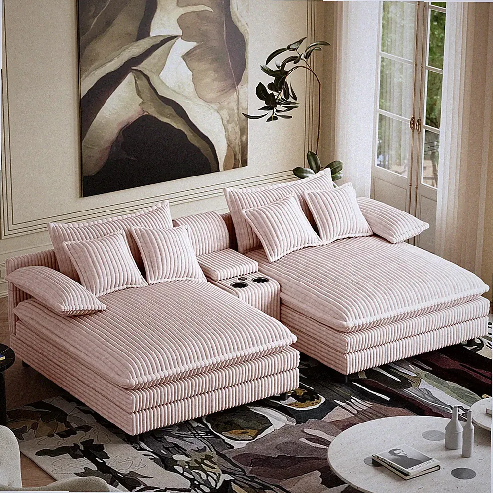 114" Plush Corduroy Modular Sectional Sofa Couch USB Cup Holders Storage Chaise
