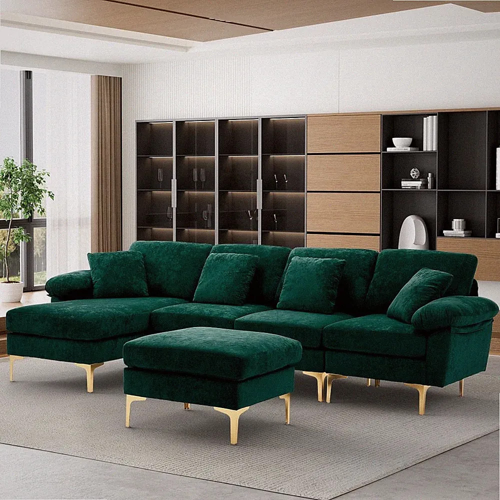 114" Sectional Sofa for Living Room,Black Velvet Couch,U-Shaped Sofa with Chais