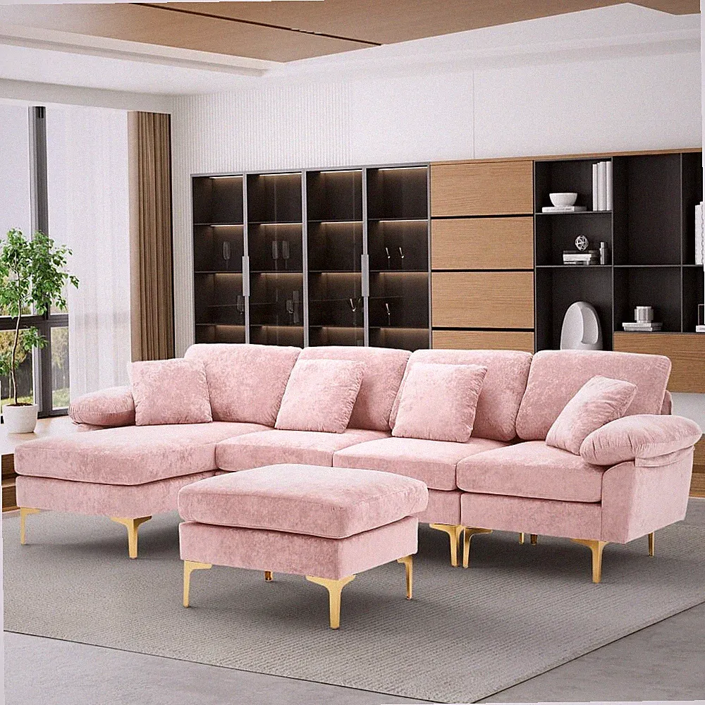 114" Sectional Sofa for Living Room,Black Velvet Couch,U-Shaped Sofa with Chais