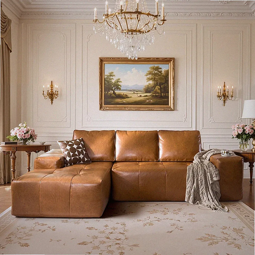 114" Sectional Sofa L-Shape Bonded Faux Leather Deep for Seat Brown Left Chaise