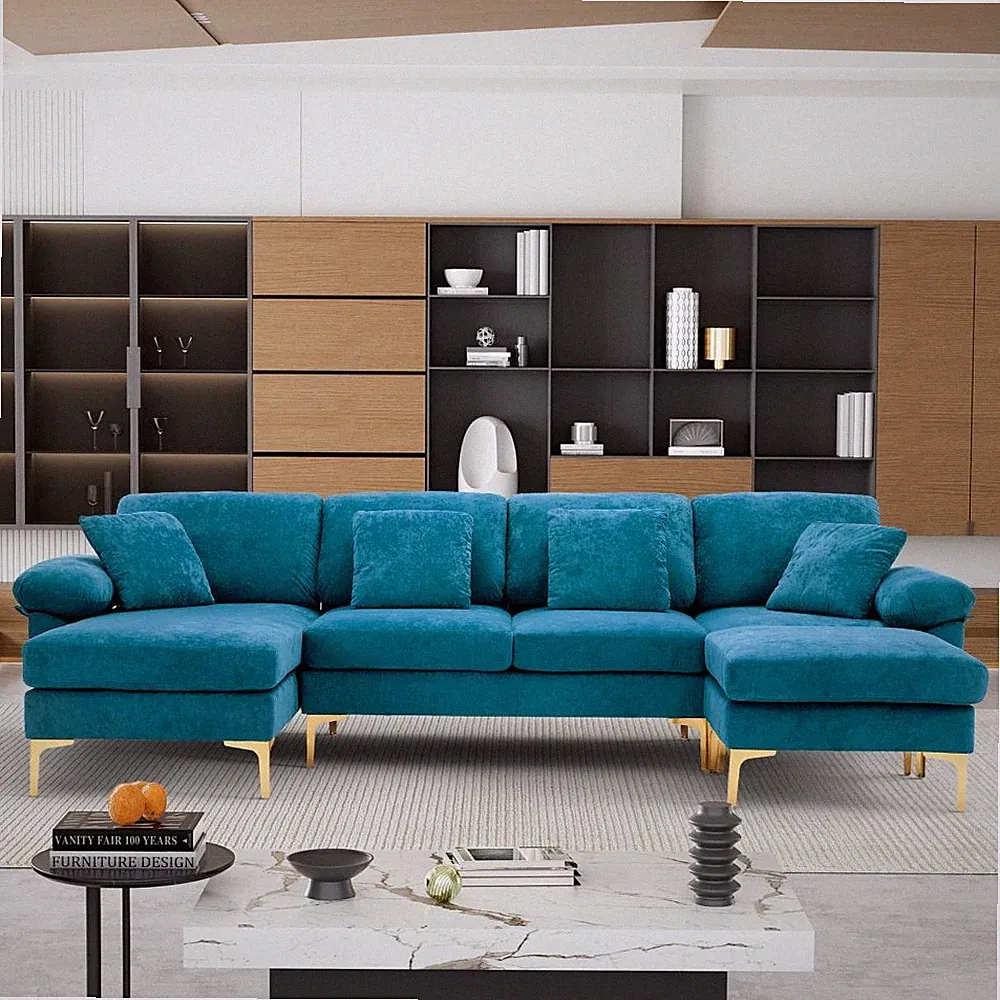 114" U-Shaped Sectional Sofa Couch 4 Seat Sofa w/Chaise Lounge, Ottoman&Pillows