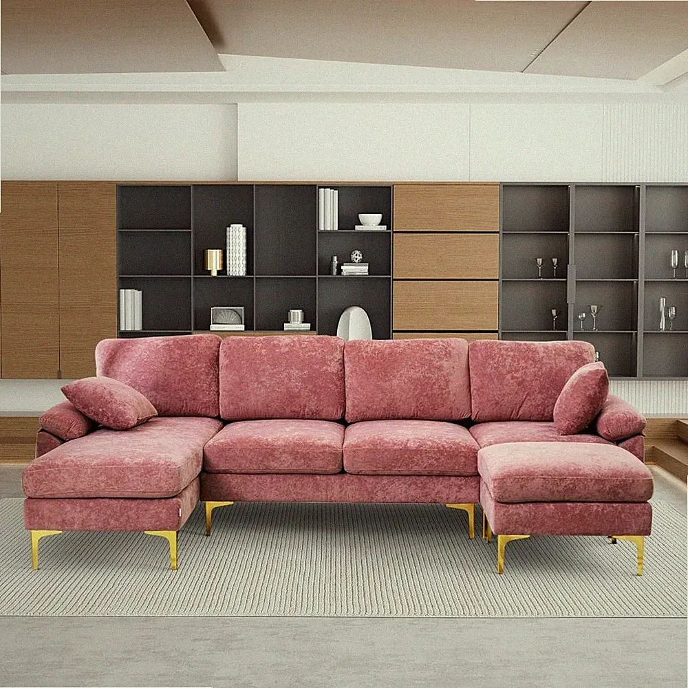 114" U-Shaped Sectional Sofa Couch 4 Seat Sofa w/Chaise Lounge, Ottoman&Pillows