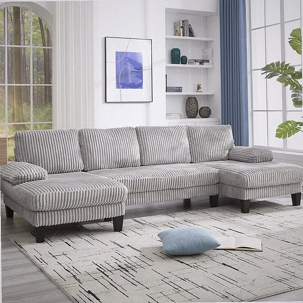 114" U-shaped Sectional Sofa Couch Corduroy Fabric Sleeper Dual Chaise Lounges