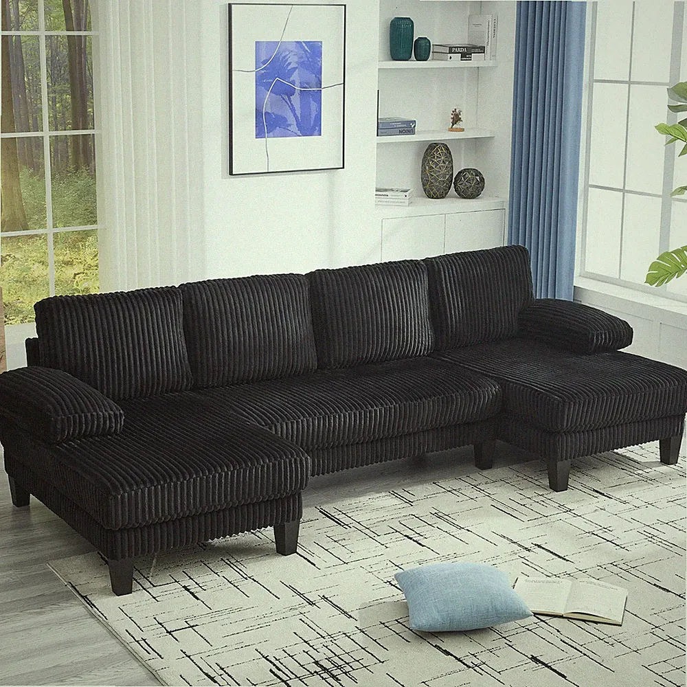 114" U-shaped Sectional Sofa Couch Corduroy Fabric Sleeper Dual Chaise Lounges