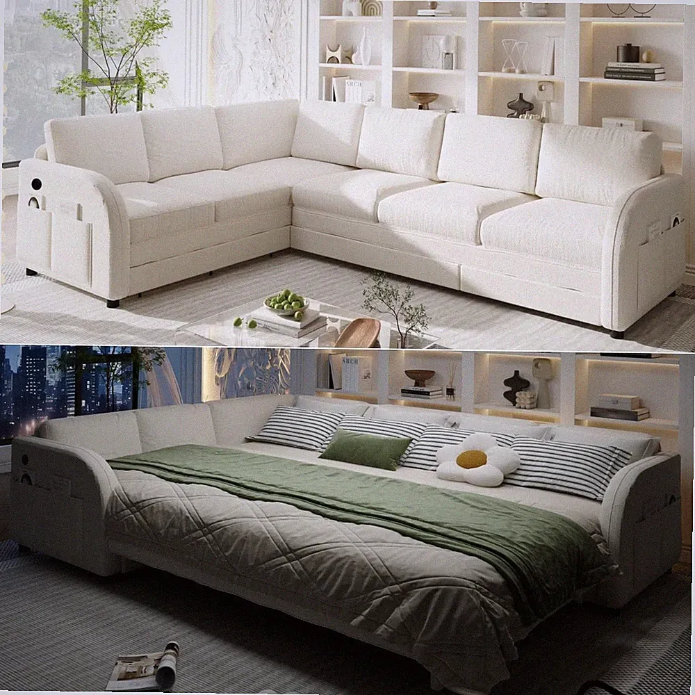 115.2'' Sleeper Sofa Bed King, Sherpa Fleece Sectional Sofa, Beige