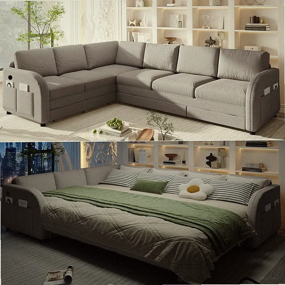 115.2'' Sleeper Sofa Bed King, Sherpa Fleece Sectional Sofa, Light Grey