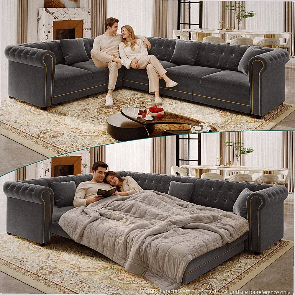 115.3" L-Shaped Velvet Sofa with Pull-Out Bed, Button Tufted & Gold Trim