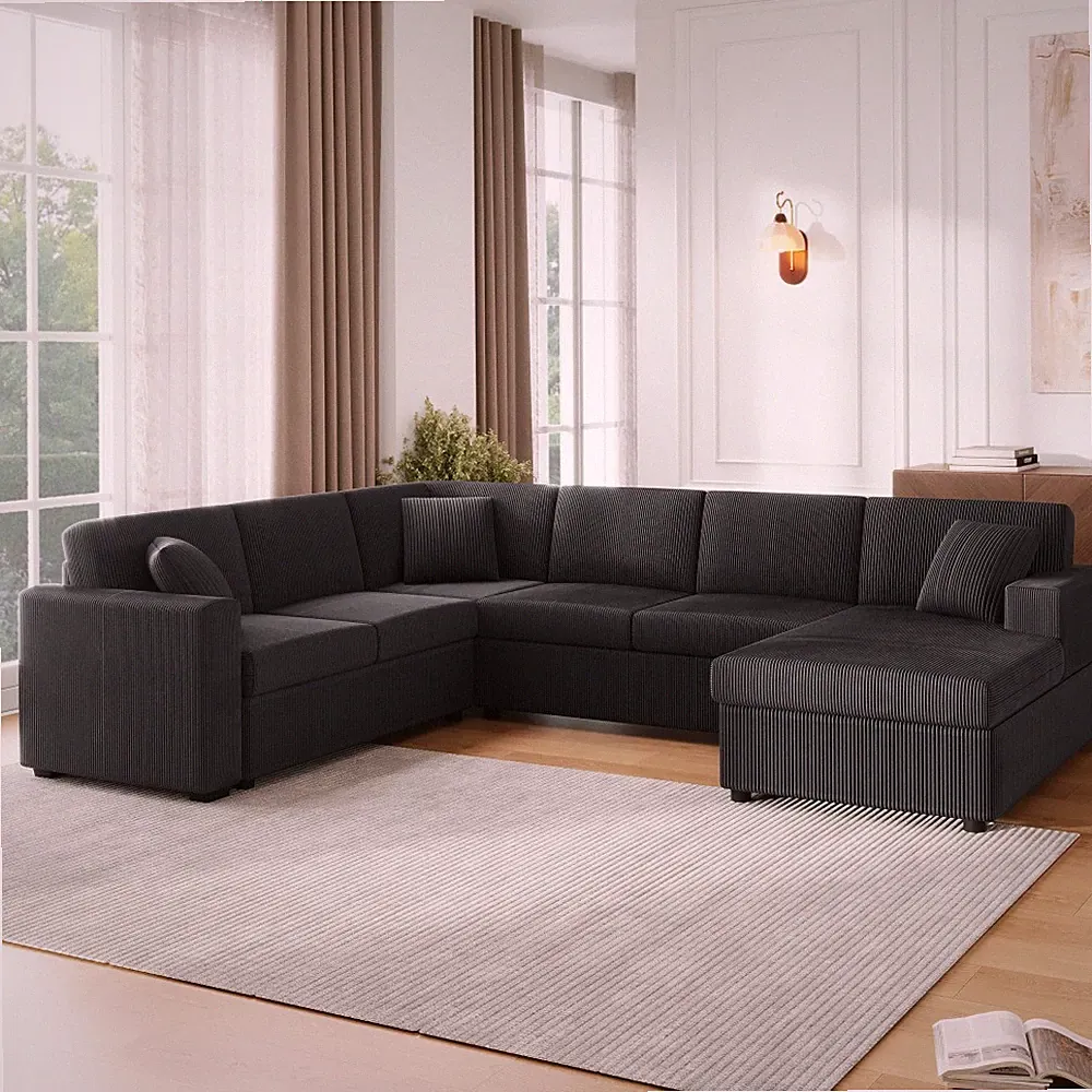 115.3" U-Shaped Sectional Sofa, Chaise Lounge, 3 Throw Pillows