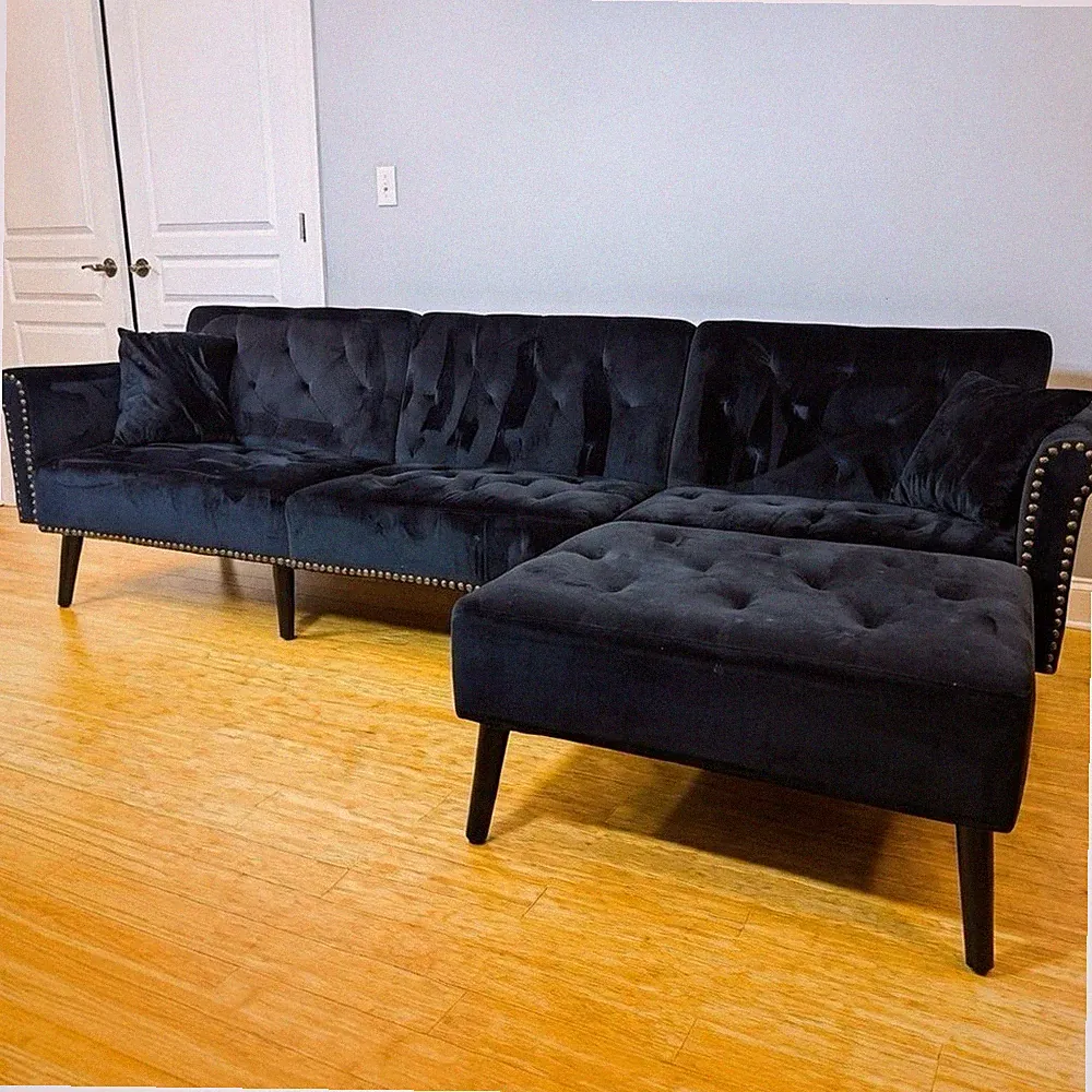 115" Black Velvet Sleeper Sectional Sofa Queen Pull-Out Bed Reversible Chaise