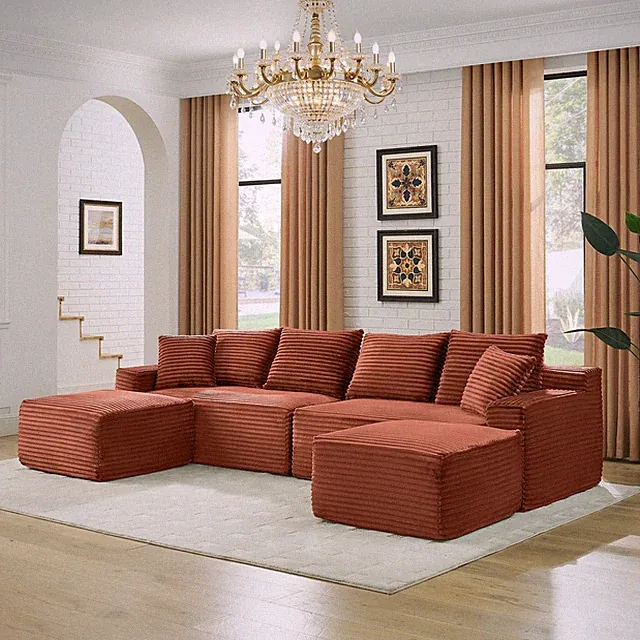 115" Comfy U-Shaped Sectional Modern Boneless Corduroy Couch w/Chaise ‌and Ottom