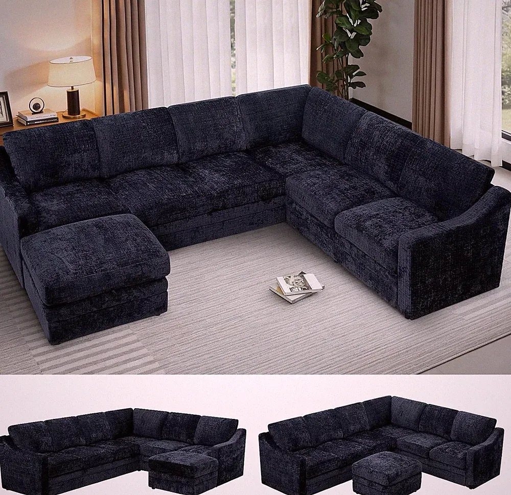 115 Inches Chenille Sectional Sofa with Storage Ottoman, Blue