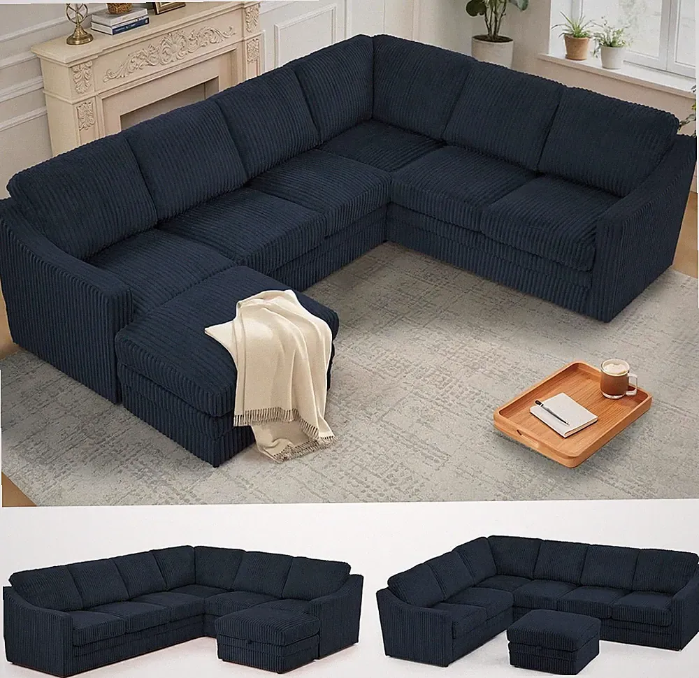 115 Inches Corduroy Sectional Sofa with Storage Ottoman, Blue