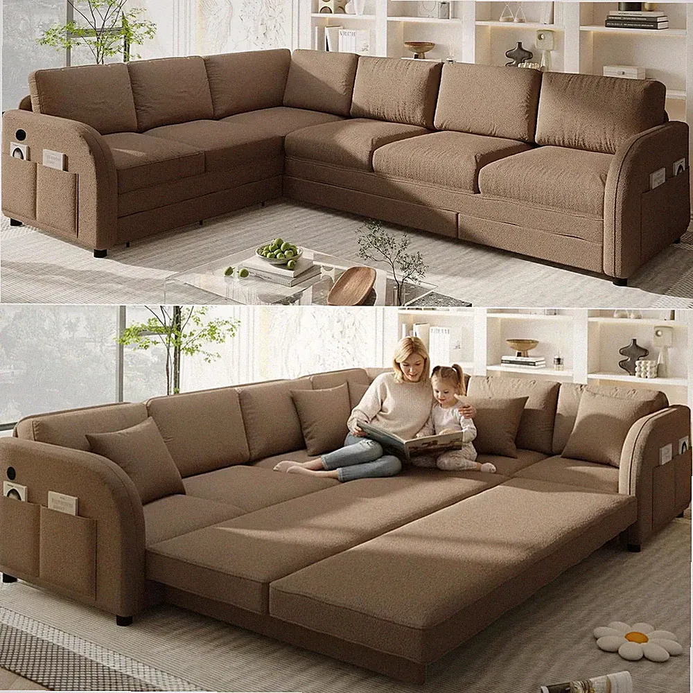 115'' L-Shaped Sectional Sleeper Sofa Bed, 6-Seater Pull-Out Couch Bed with Comf