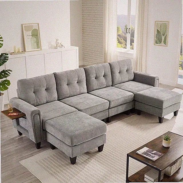 115" U-Shaped Modular Sectional Sofa w/ Ottomans, USB Ports & Side Tables, Grey
