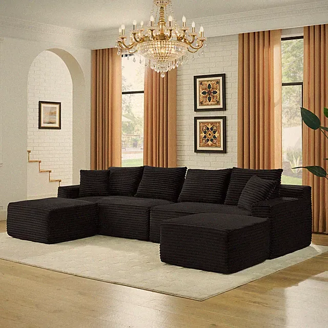 115" U-Shaped Sectional Sofa with Chaise and Ottoman - Black Corduroy