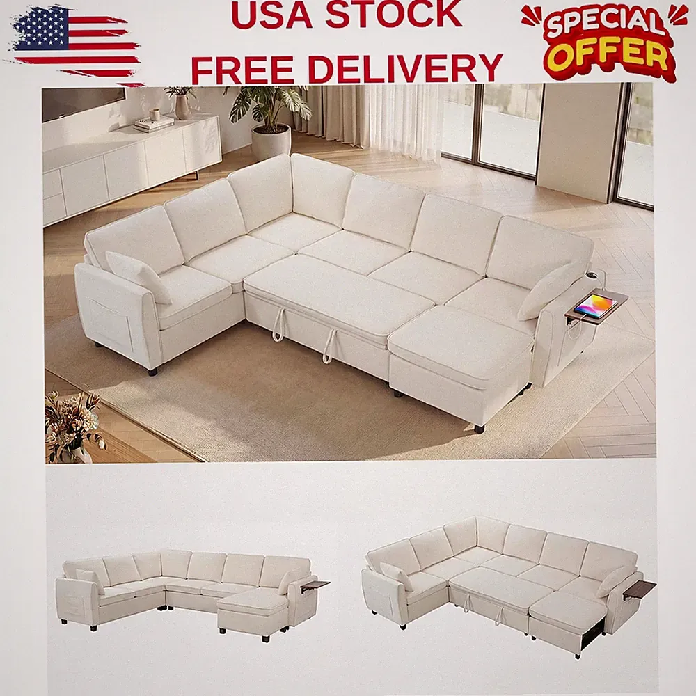 116" 7-Seater Modular Sectional Sleeper Sofa W/Charging Port&Foldable Side Table