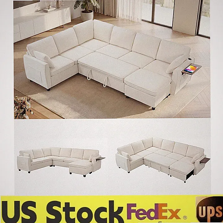 116 Inch Sectional Sleeper Sofa W/Pull Out Bed,U Shaped 7 Seat Modular Sectional