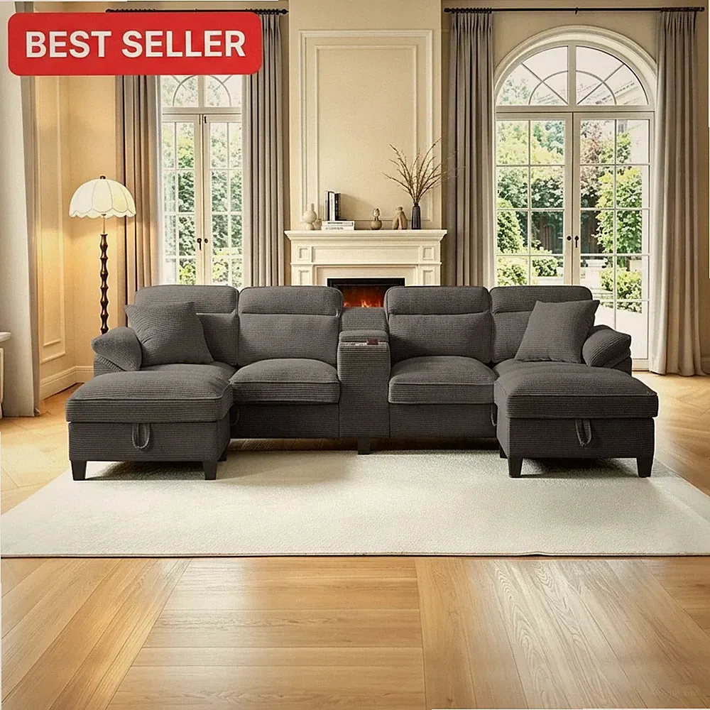116 Inch Sectional Sofa Couch Modern Corduroy U-Shape Storage Ottoman