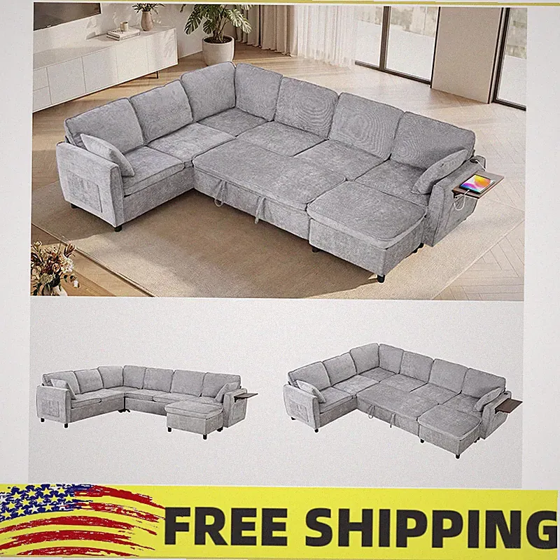 116" Large U Shaped 7 Seater Modular Sectional Sleeper Sofa w/Pull Out Bed,Ottom