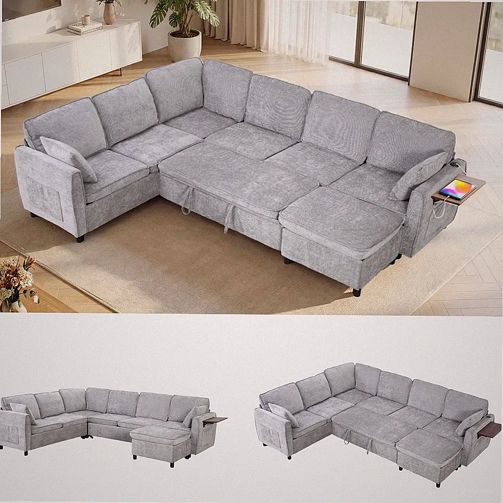 116" Modular Sectional Couch W/ Pull Out Sofa Bed U Shaped Modular 7 Seater Sofa