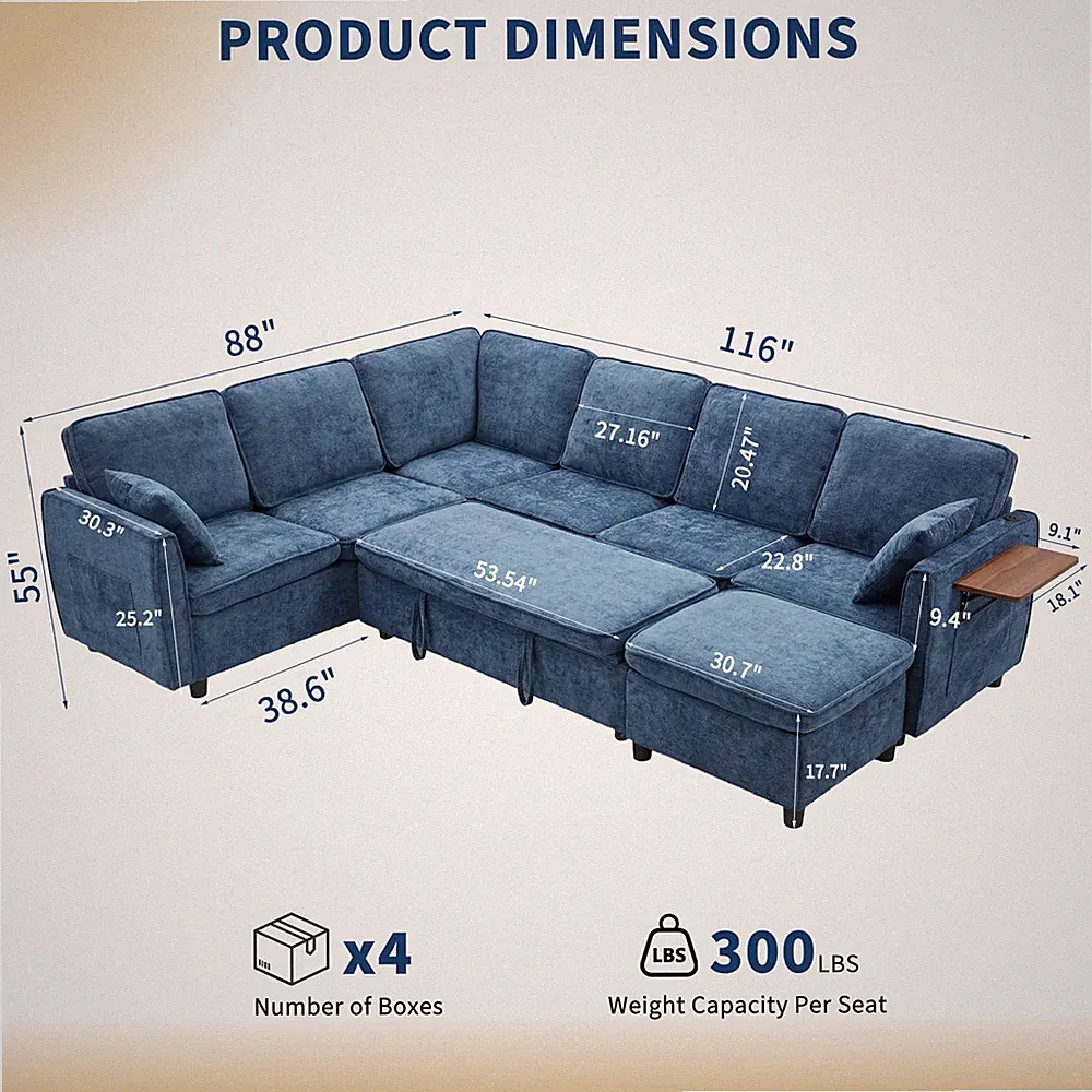 116" Modular Sectional Couch W/ Pull Out Sofa Bed U Shaped Modular 7 Seater Sofa