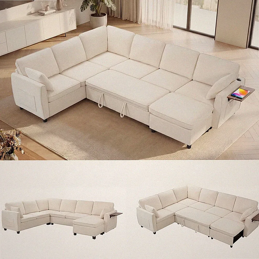 116" Modular Sectional Sleeper Sofa with Pull Out Bed,U Shaped Sectional Couches