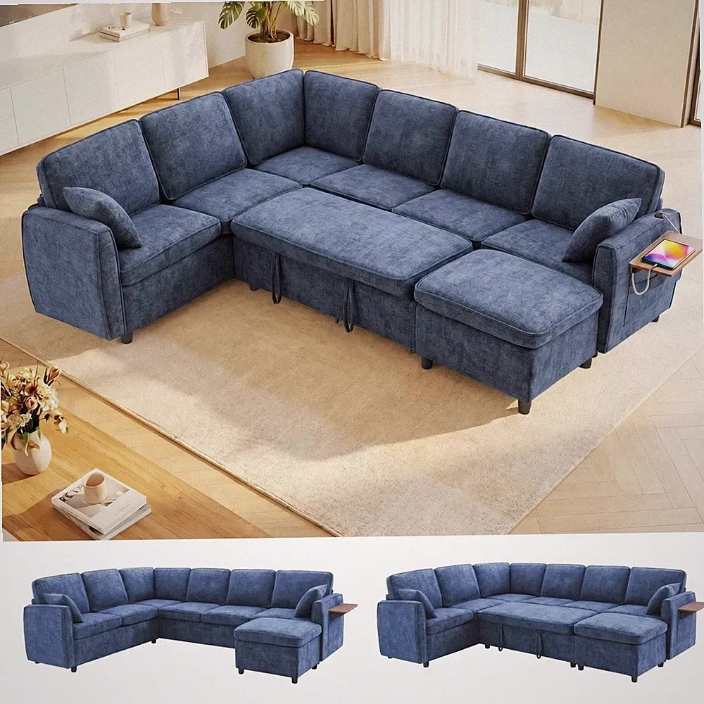 116" Modular Sectional Sofa Couch, U-Shaped Sofa w/ Pull Out Sleeper Sofa Bed