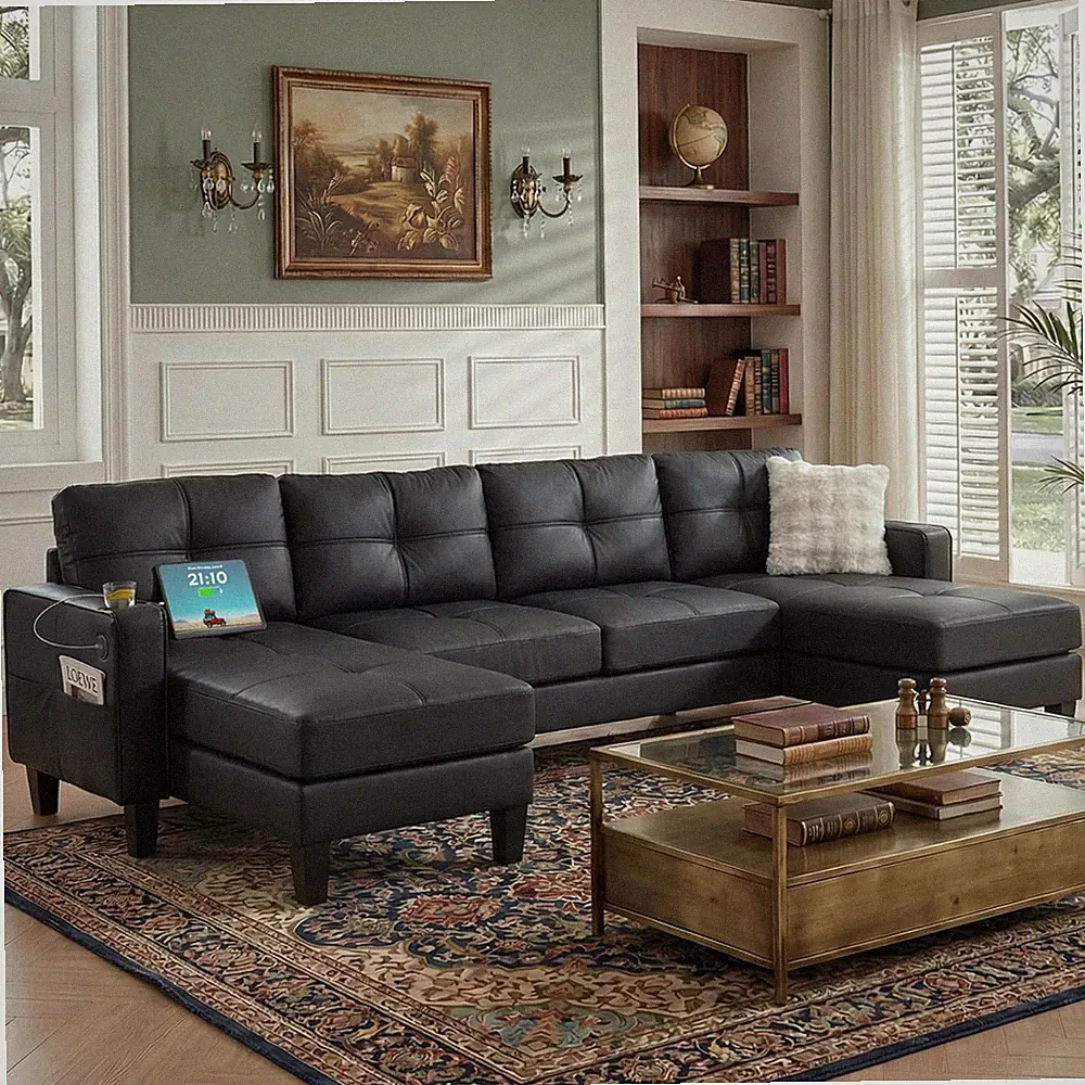 116’’ W Black Faux Leather Sectional w/USB and Cup Holders for Living Room