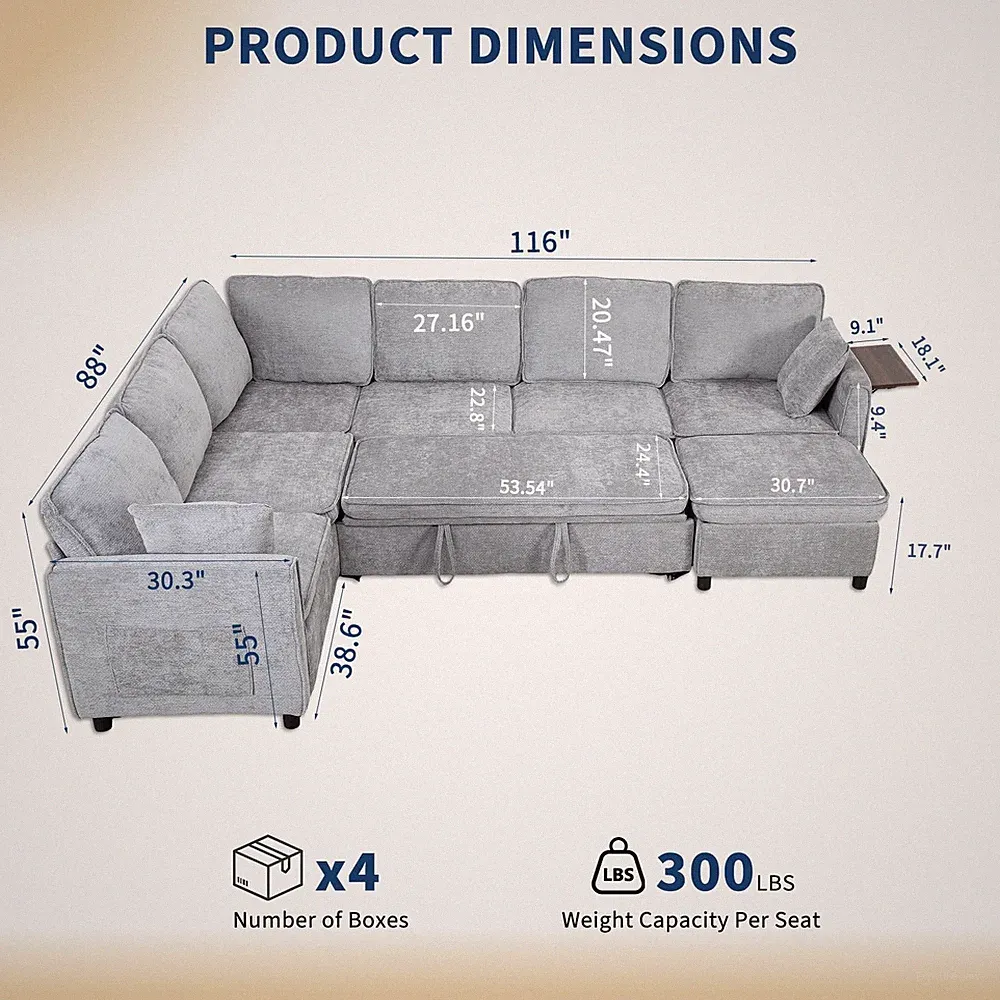 🚩116Inch Sectional Sleeper Sofa W/Pull Out Bed,U Shaped 7 Seat Modular Sectiona
