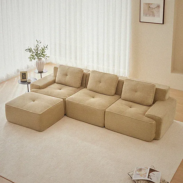 117 Inch Modern L Shaped Corduroy Sofa Camel 3 Seat Deep Plush Comfy Couch