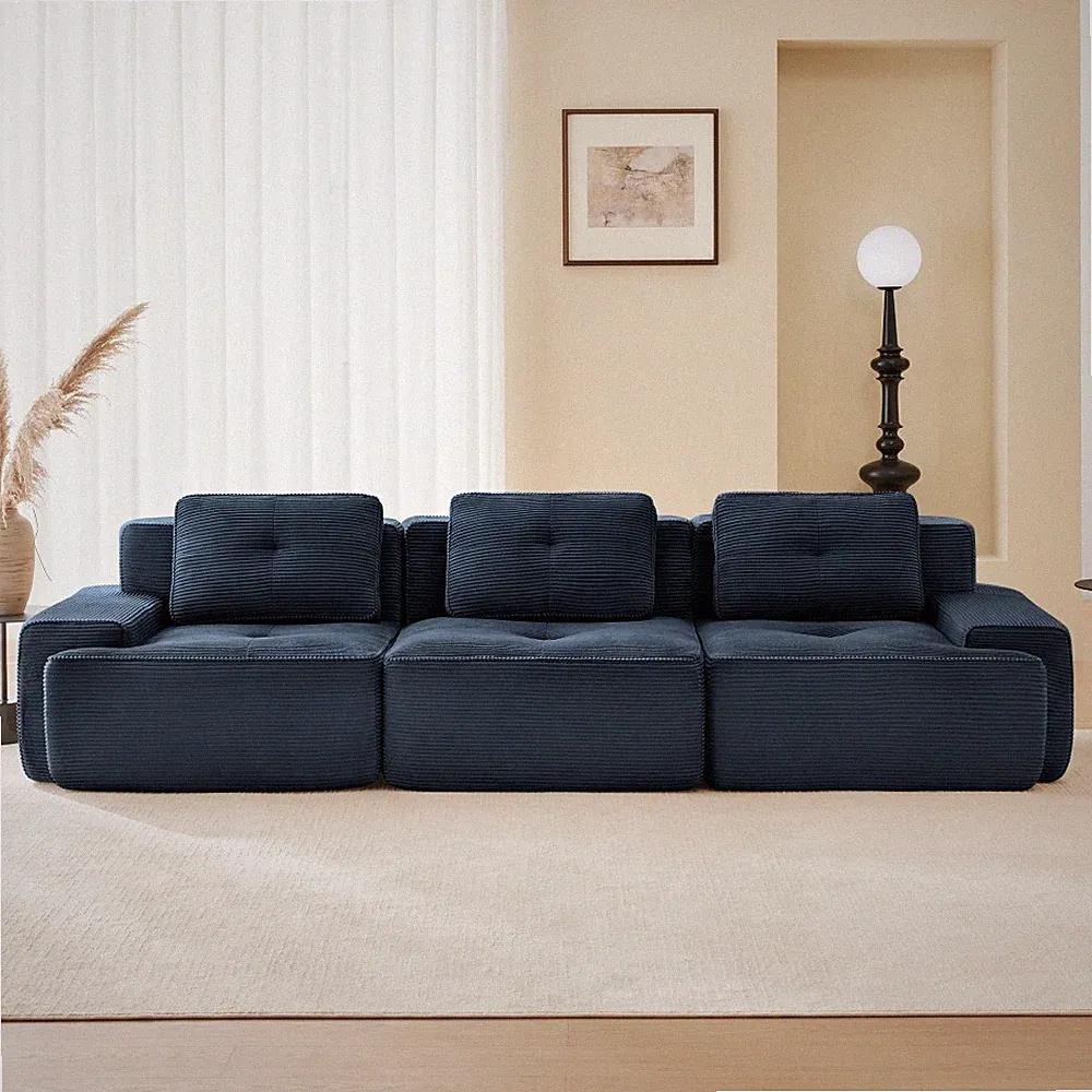 117" Modular Sectional Sofa w/ Tufted Design, Corduroy Fabric, Deep Seat, Blue
