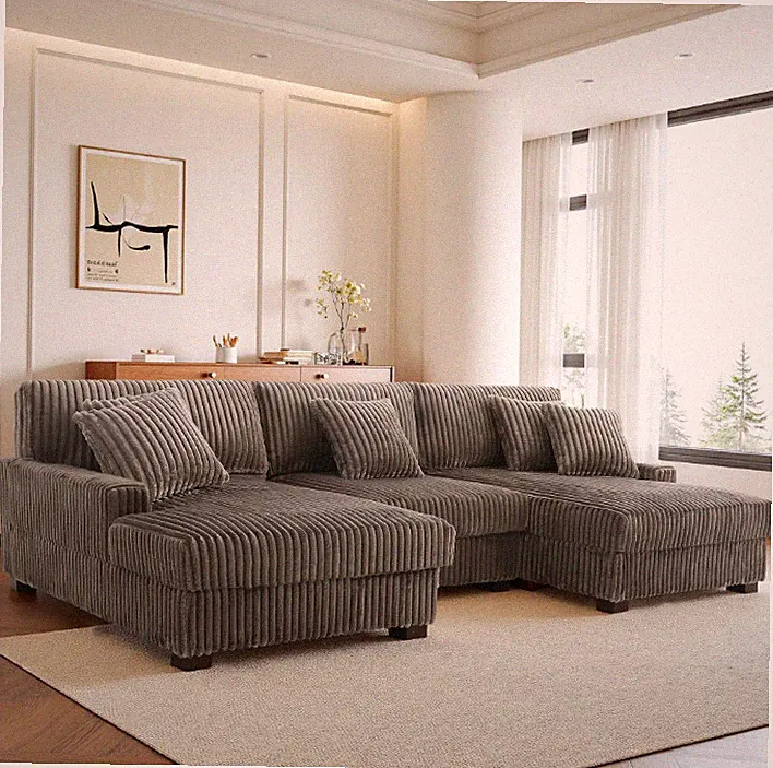 118.4"W Plush Modular Sectional Sofa with Pillows solid pattern, Corduroy Brown