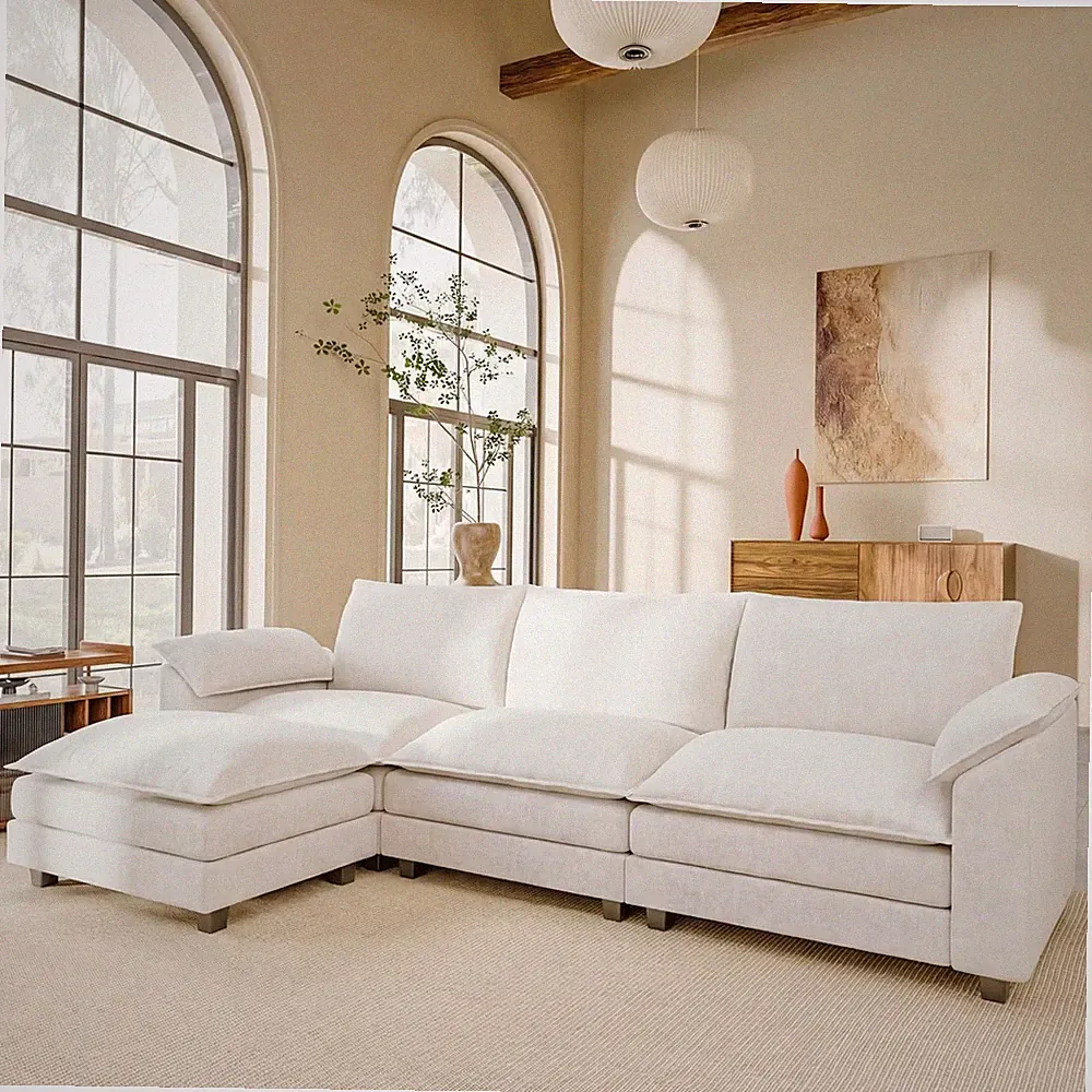 118.9 Modular Sectional 3-Seat Sofa Ottoman L Shaped Deep Seat Chenille White