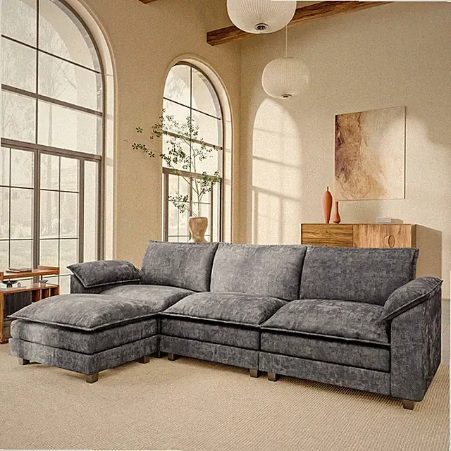 118.9" Modular Sectional Cloud Couch 3-Seat Sofa Set with Movable Ottoman, L Sha