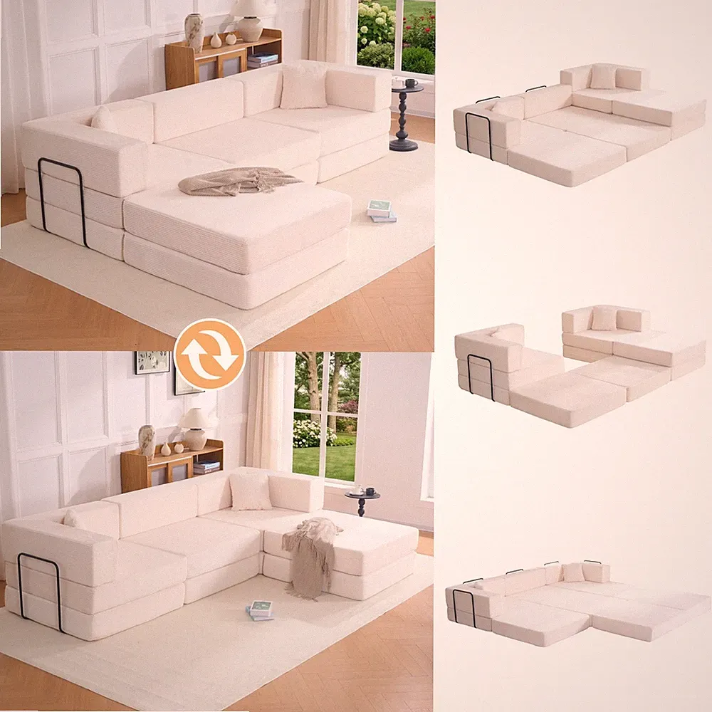 118" Corduroy Modular Sectional Sofa Bed L-Shape Sleeper