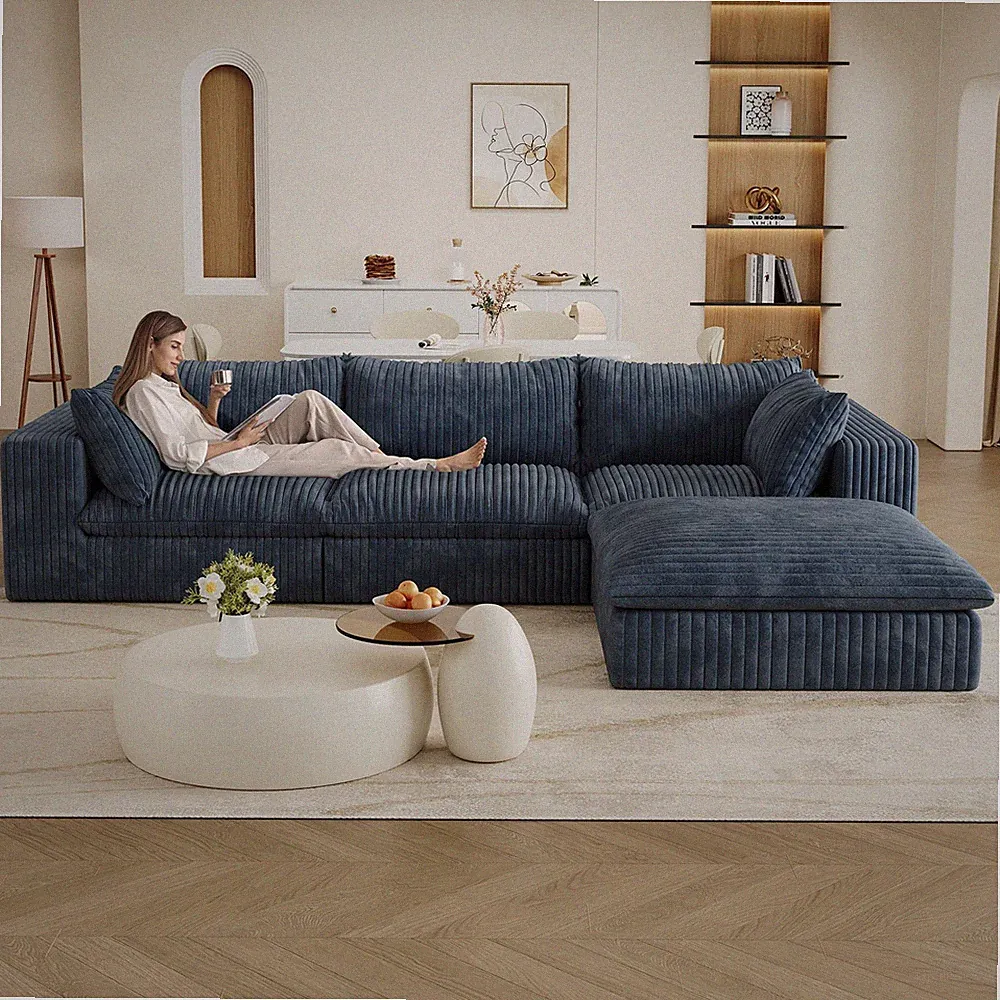 118'' L Shape Modular Sectional Cloud Couch Corduroy Sofas 3 Seater + 1 Ottoman
