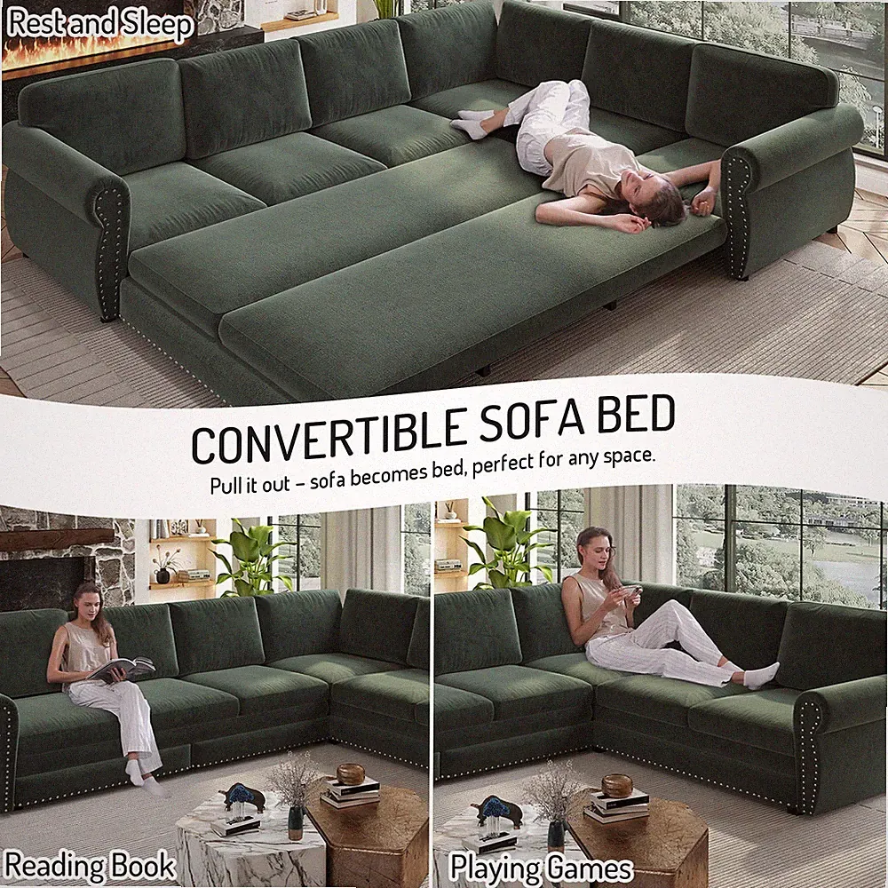 118" L-Shaped Multifunctional Sofa Couch with Pull-Out Bed 6-Seater Lounge Sofa