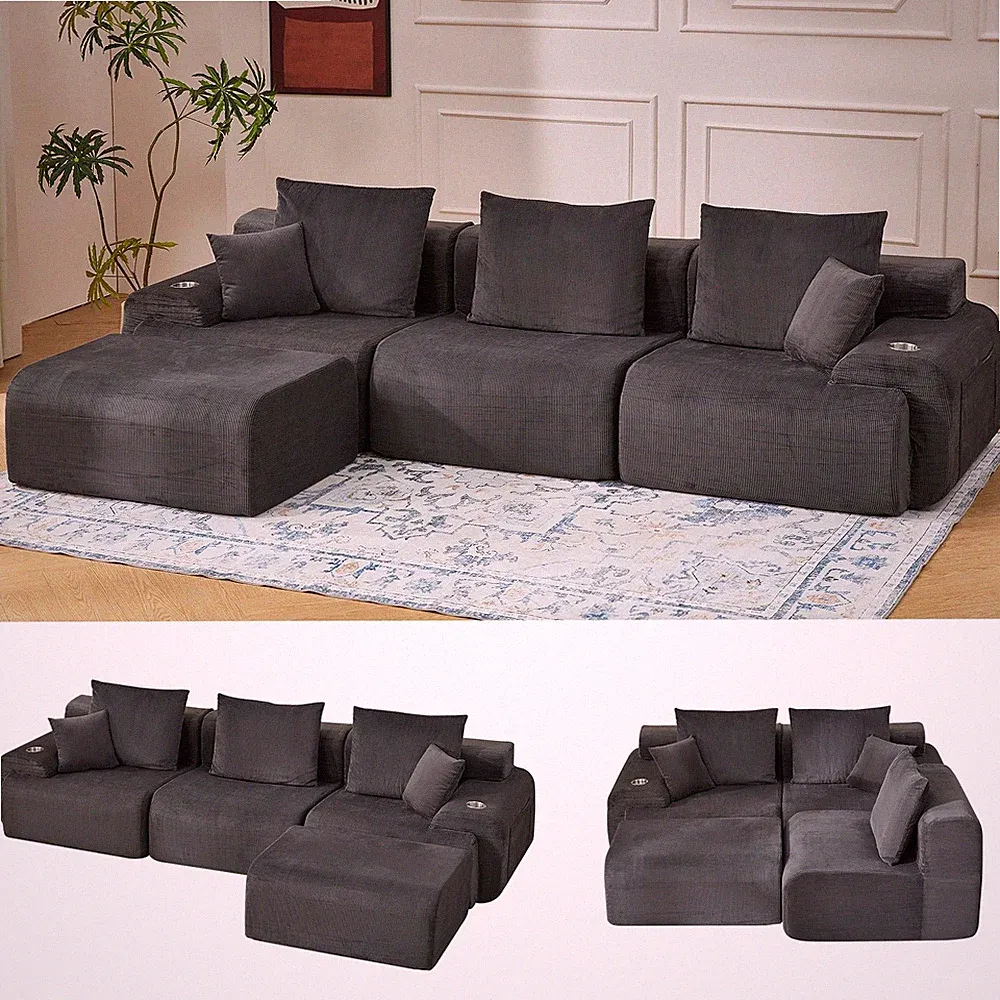 118" L-Shaped Sectional Sofa Corduroy Boneless Ottoman Deep Seat Charcoal Blue