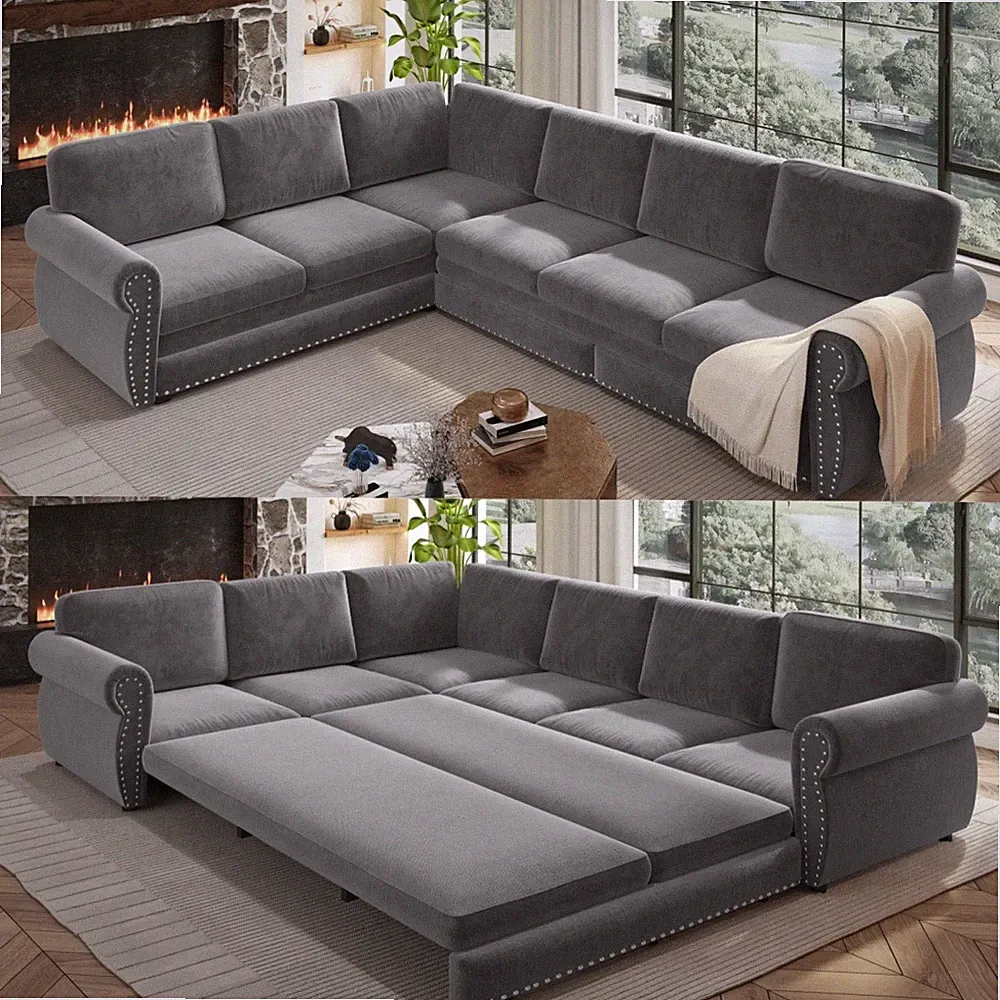 118" L-Shaped Sofa Bed, Light Grey Chenille, 6-Seater Convertible Sectional