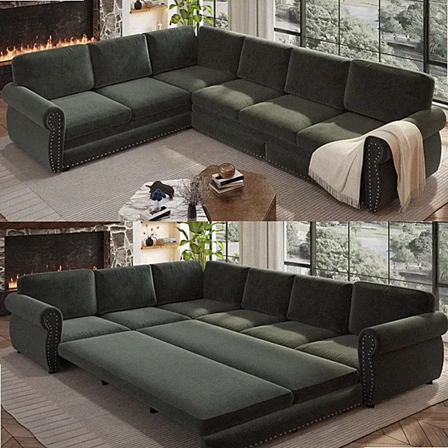 118" L-Shaped Sofa Bed with Pull-Out Bed & Nailhead Trim, Green