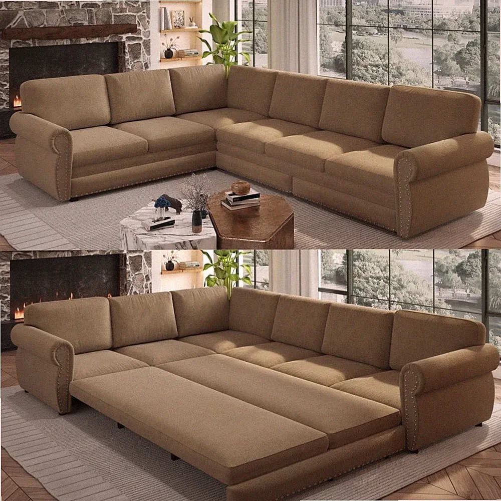 118" L-Shaped Sofa Couch with Pull-Out Bed, Chenille Upholstered, Camel