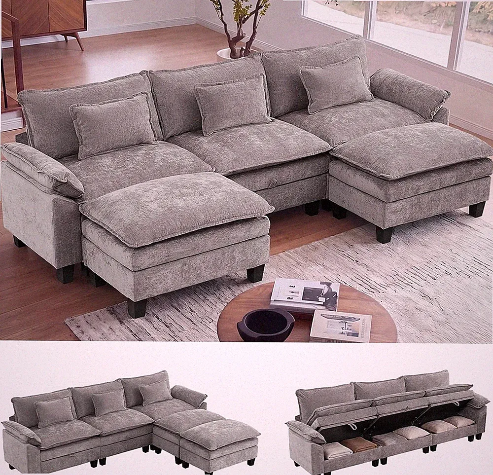 118" Modular Sectional Sofa with Storage, U-Shaped Cloud Couch