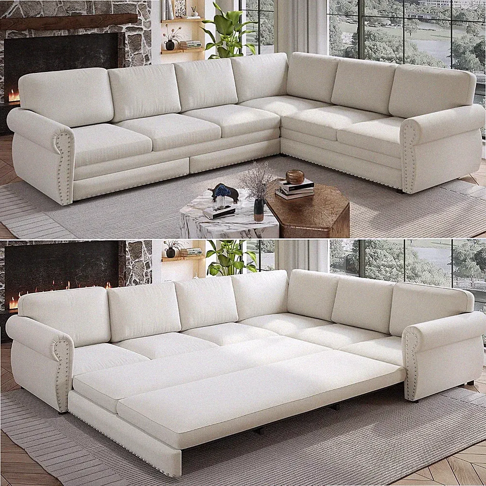 118'' Sectional Sleeper Sofa Bed, Oversized Chenille Pull Out Couch, Beige