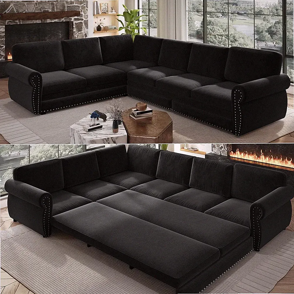118'' Sectional Sleeper Sofa Bed, Oversized Chenille Pull Out Couch, Black