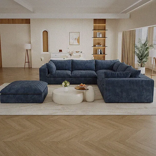 118" V-Shaped Corduroy Sofa Modular Sectional Cloud Couches 5 Seater + 1 Ottoman