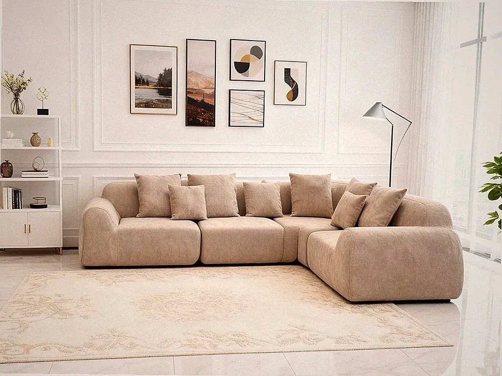 118" Velvet Cloud Sectional Sofa - Modular L-Shape with Memory Foam, Beige