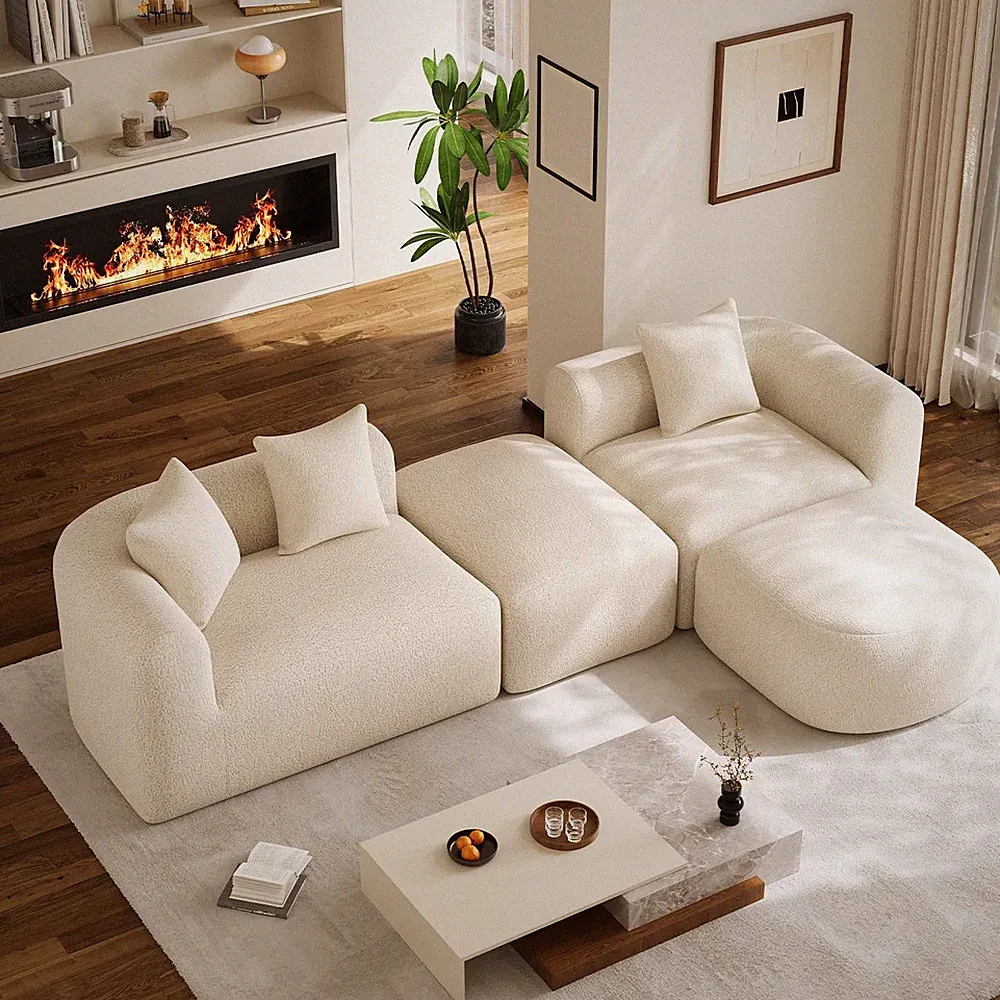 119.7" Curved Cloud Sofa L Shaped Sectional Couch with Ottoman, Cream White